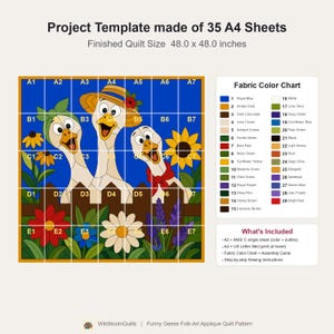 Funny Geese Quilt Pattern, Raw Edge Fusible Applique, Animal Quilt Pattern PDF, Patchwork Wall Hanging, Folk Art Quilt Template image 14