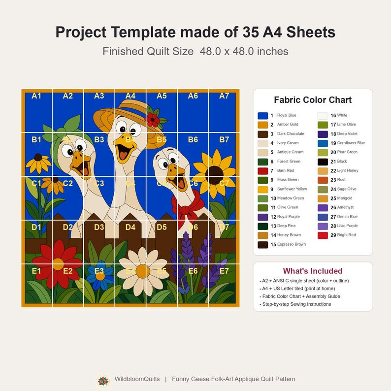 Funny Geese Quilt Pattern, Raw Edge Fusible Applique, Animal Quilt Pattern PDF, Patchwork Wall Hanging, Folk Art Quilt Template image 14