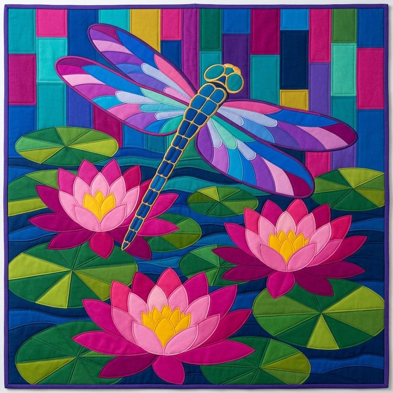 Dragonfly Waterlily Quilt Pattern, Raw Edge Fusible Applique PDF, Pond Folk Art Quilt Template, Patchwork Wall Hanging, Animal Quilt Pattern image 12