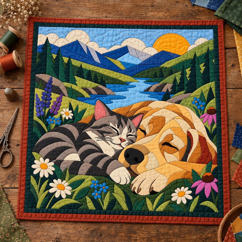 Sleeping Cat and Dog Quilt Pattern, Applique & Collage Quilt PDF, Pet Animal Quilt Pattern, Patchwork Wall Hanging, Folk Art Quilt Template image 2