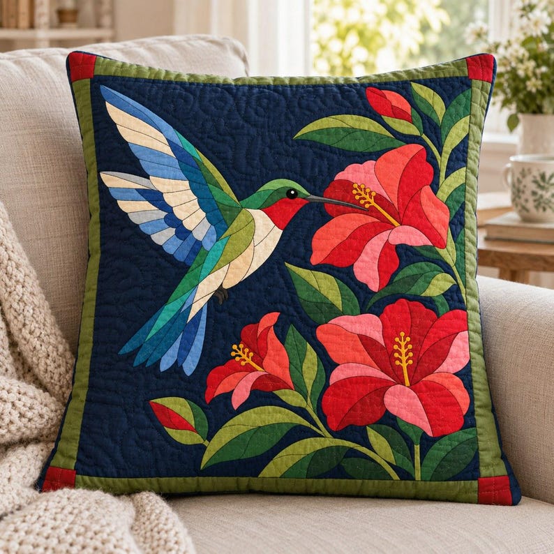 Patrón de colcha de colibrí, colcha de apliques y collage, patrón de colcha de pájaros en PDF, tapiz de pared de hibisco, plantilla de colcha de arte popular imagen 11