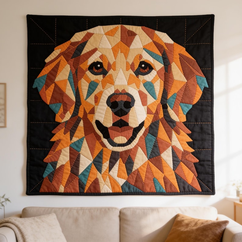 May include: A square wall hanging featuring a geometric, mosaic-style portrait of a golden retriever dog. The dog is composed of triangular fabric patches in shades of gold, tan, brown, and teal, set against a solid black background with stitching.