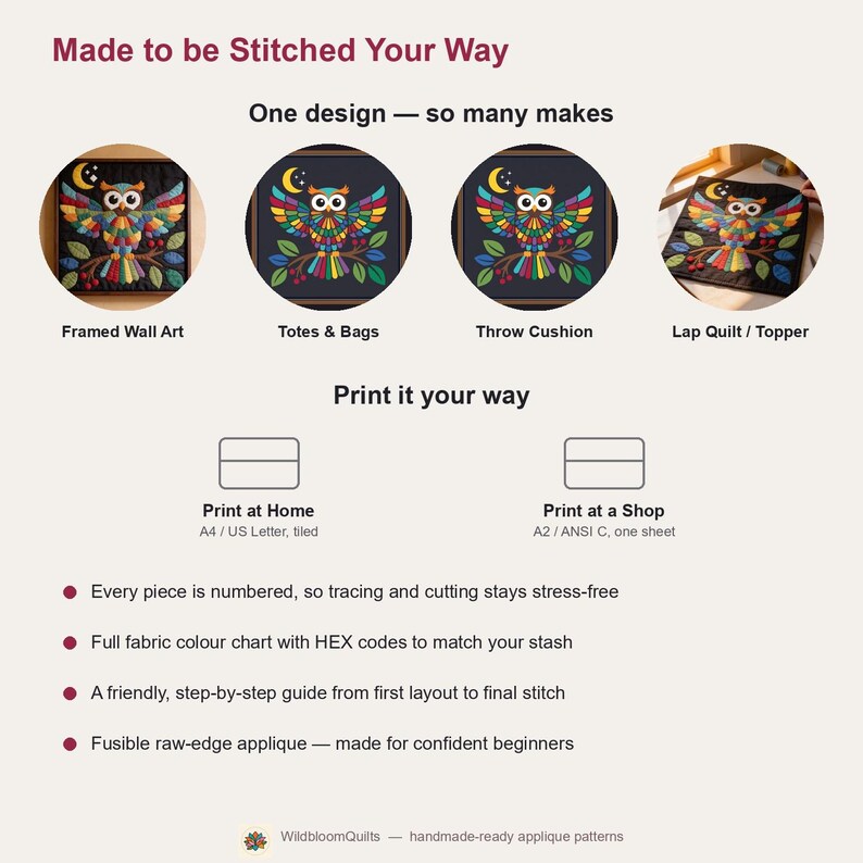 Owl Quilt Pattern, Owl Wall Hanging Quilt Pattern PDF, Easy Applique Quilt for Beginners, Woodland Wall Quilt, Raw Edge Fusible Applique image 8