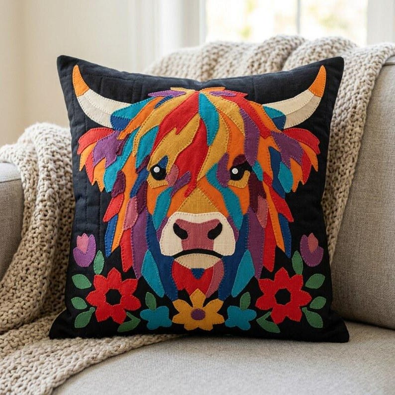 Highland Cow Quilt Pattern, Cow Wall Hanging Quilt Pattern PDF, Easy Applique Quilt for Beginners, Raw Edge Fusible Applique image 5