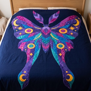 Amethyst Moth Quilt Pattern, Raw Edge Fusible Applique PDF, Celestial Moth Pattern, Patchwork Wall Hanging, Folk Art Quilt Template image 2