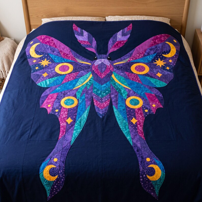 Amethyst Moth Quilt Pattern, Raw Edge Fusible Applique PDF, Celestial Moth Pattern, Patchwork Wall Hanging, Folk Art Quilt Template image 2