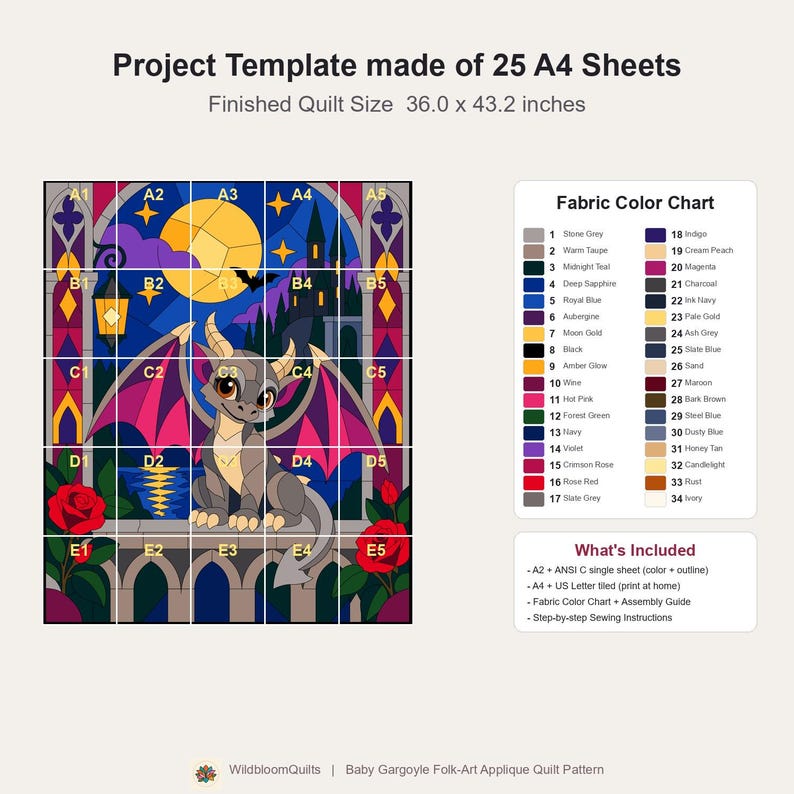 Modello per trapunta Baby Gargoyle, trapunta con applicazioni e collage, modello PDF per trapunta con animali fantastici, arazzo patchwork, modello per trapunta in stile folk art immagine 13