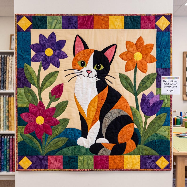Calico Cat Quilt Pattern, Applique & Collage Quilt, Animal Quilt Pattern PDF, Patchwork Wall Hanging, Folk Art Quilt Template image 11