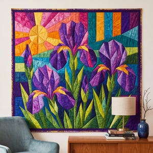 Iris Quilt Pattern, Raw Edge Fusible Applique, Flower Quilt Pattern PDF, Folk Art Wall Hanging, Patchwork Garden Quilt Template image 14