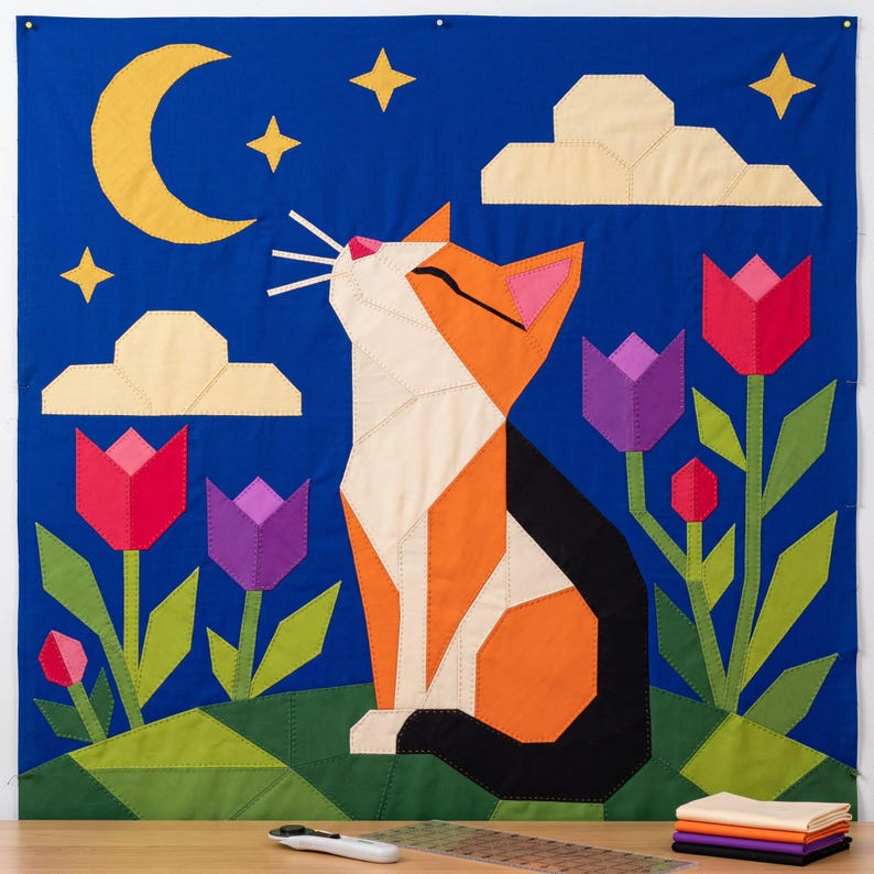 Cat Quilt Pattern, Cat Wall Hanging Quilt Pattern PDF, Easy Applique Quilt for Beginners, Folk Art Cat Lover Gift, Raw Edge Fusible Applique image 17
