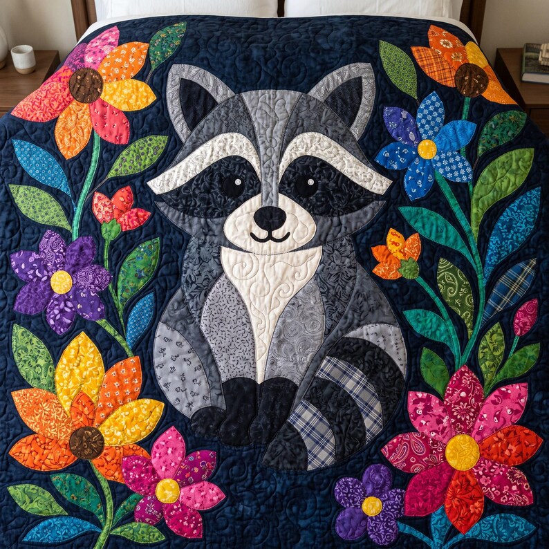 Raccoon Quilt Pattern, Raw Edge Fusible Applique, Animal Quilt Pattern PDF, Patchwork Wall Hanging, Folk Art Quilt Template image 7