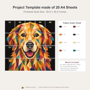 May include: A project template for a 36.0 x 36.0 inch quilt featuring a geometric golden retriever portrait. The design is divided into 20 A4 sheets labeled A1 through D5. Includes a fabric color chart with eight numbered color swatches.
