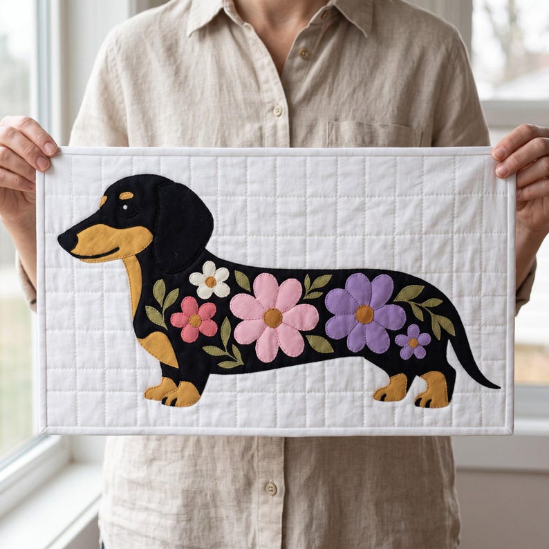 Dachshund Quilt Pattern, Dog Wall Hanging Quilt Pattern PDF, Easy Floral Applique Quilt for Beginners, Doxie Gift, Raw Edge Fusible Applique image 9