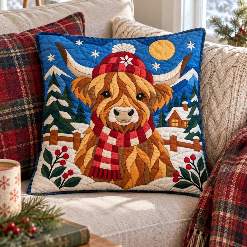Modello per trapunta natalizia con mucca delle Highlands, trapunta con applicazioni e collage, modello PDF per trapunta con animali, arazzo patchwork, arte popolare immagine 16