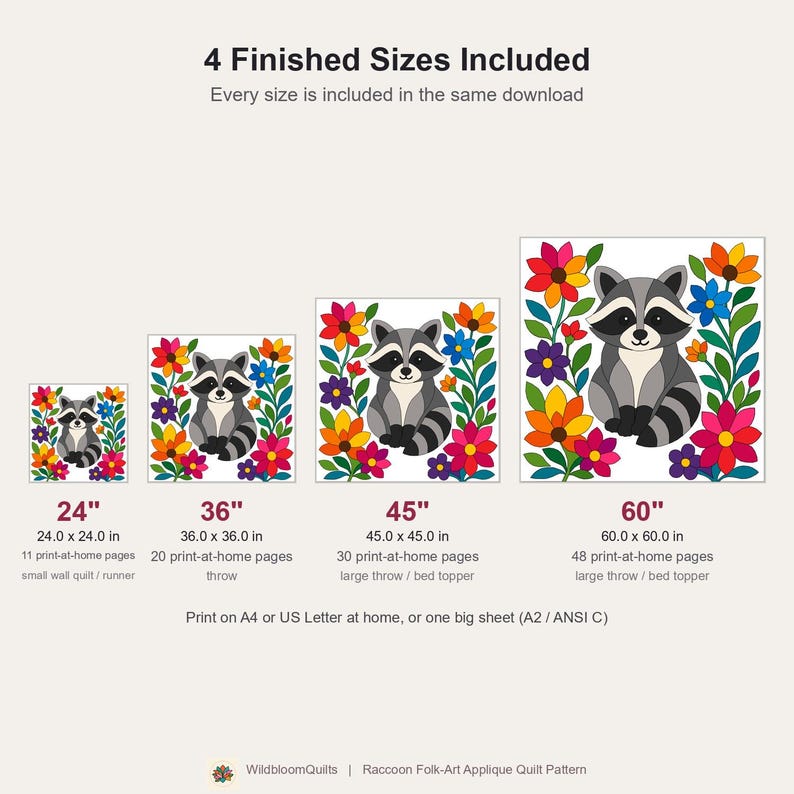 Raccoon Quilt Pattern, Raw Edge Fusible Applique, Animal Quilt Pattern PDF, Patchwork Wall Hanging, Folk Art Quilt Template image 15