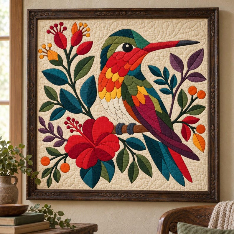 Patrón de colcha de colibrí, colcha de apliques y collage, patrón de colcha floral tropical en PDF, tapiz bohemio, plantilla de colcha de pájaros de arte popular imagen 1