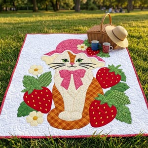 Strawberry Cat Quilt Pattern, Raw Edge Fusible Applique, Cat Quilt Pattern PDF, Patchwork Wall Hanging, Folk Art Quilt Template image 14