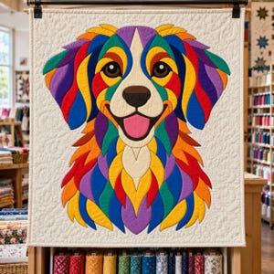 Patrón de edredón de perro Rainbow Retriever, edredón con apliques y collage, patrón de edredón de animales en PDF, tapiz de pared de patchwork, plantilla de perro de arte popular imagen 4