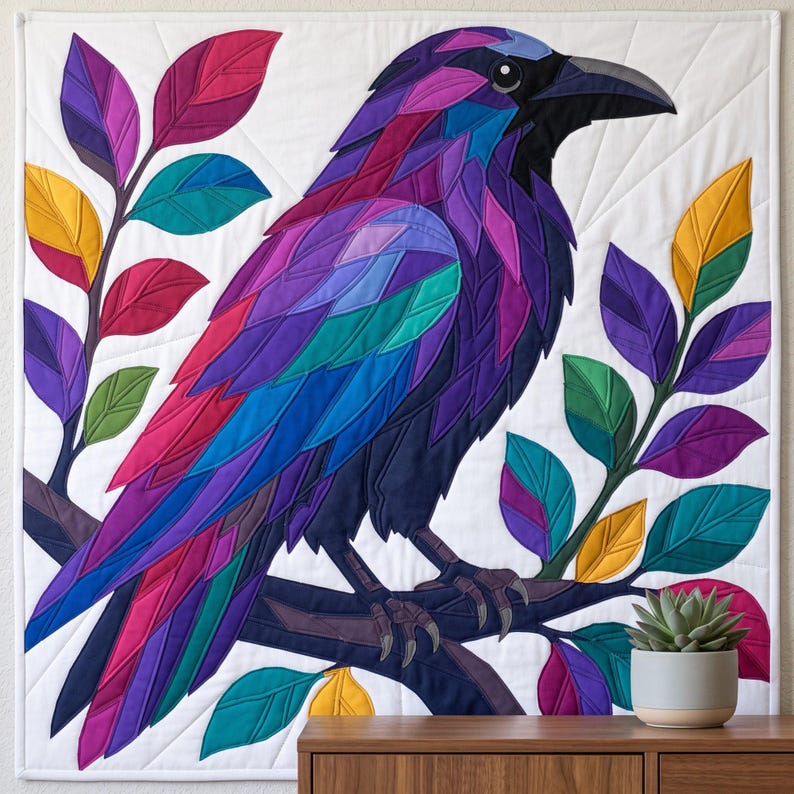 Modèle de courtepointe Corbeau, Appliqué thermocollant à bords francs (PDF), Modèle de courtepointe Oiseau, Décoration murale patchwork, Gabarit de courtepointe animal d'art populaire image 10