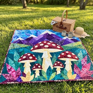 Mushroom Mountain Quilt Pattern, Raw Edge Fusible Applique, Toadstool Quilt Pattern PDF, Patchwork Wall Hanging, Folk Art Quilt Template image 5