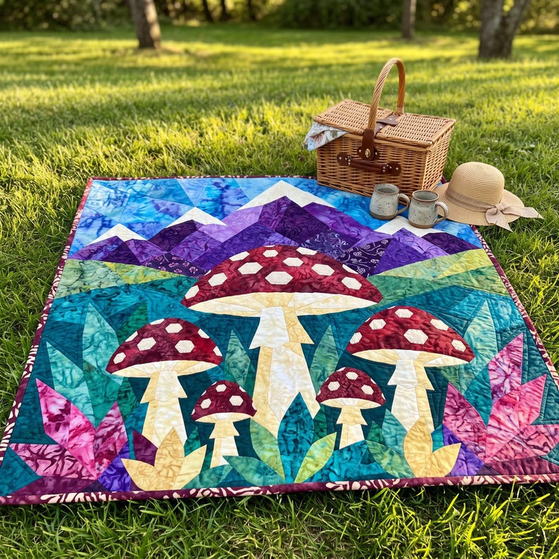 Mushroom Mountain Quilt Pattern, Raw Edge Fusible Applique, Toadstool Quilt Pattern PDF, Patchwork Wall Hanging, Folk Art Quilt Template image 5