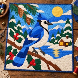 Blue Jay Quilt Pattern, Applique & Collage Quilt, Winter Bird Quilt Pattern PDF, Patchwork Wall Hanging, Folk Art Quilt Template image 2