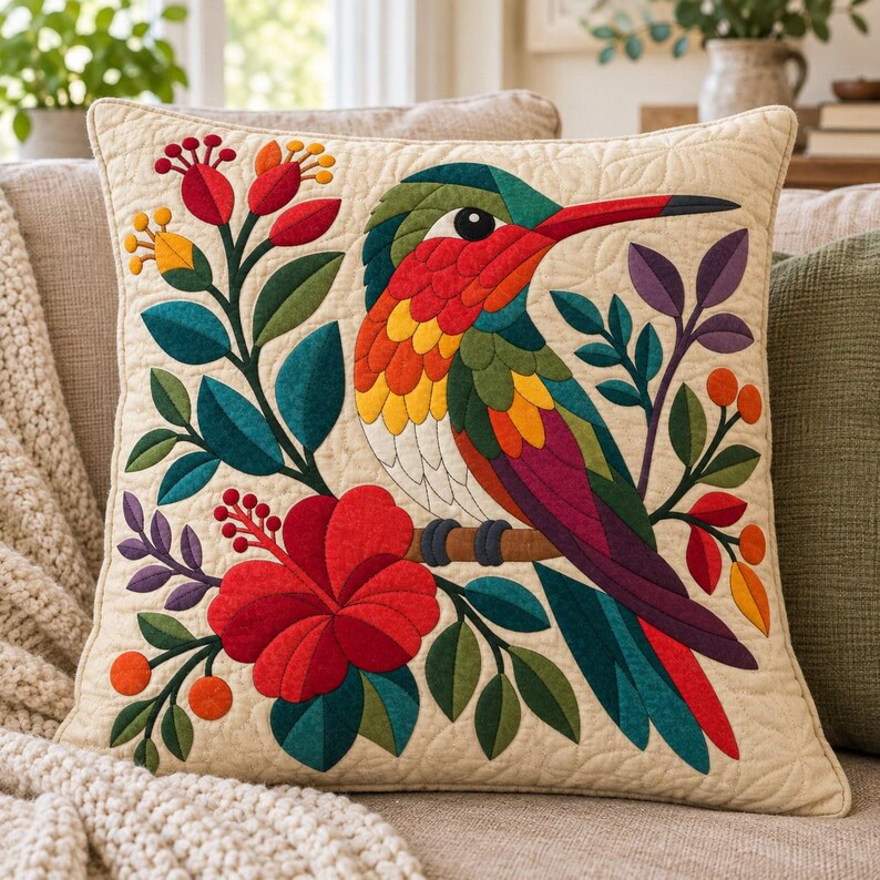 Patrón de colcha de colibrí, colcha de apliques y collage, patrón de colcha floral tropical en PDF, tapiz bohemio, plantilla de colcha de pájaros de arte popular imagen 4
