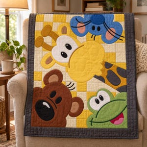 Mönster för quilt med kikande djurungar, applikations- och collagequilt i PDF-format, mönster för barnquilt med djurmotiv, väggbonad med lapptäcke för barnrum, quilt med folkkonst bild 5