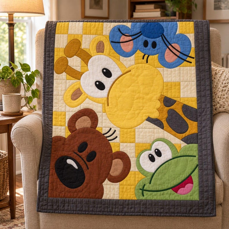 Mönster för quilt med kikande djurungar, applikations- och collagequilt i PDF-format, mönster för barnquilt med djurmotiv, väggbonad med lapptäcke för barnrum, quilt med folkkonst bild 5