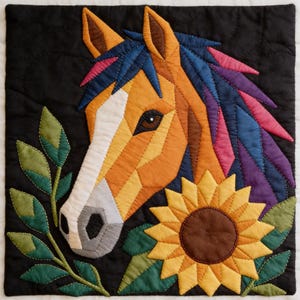 May include: A square fabric quilt block featuring a pieced horse head in shades of tan, brown, and white with a multicoloured mane in blue, purple, and pink. A yellow sunflower and green leaves are positioned below the horse on a black background.