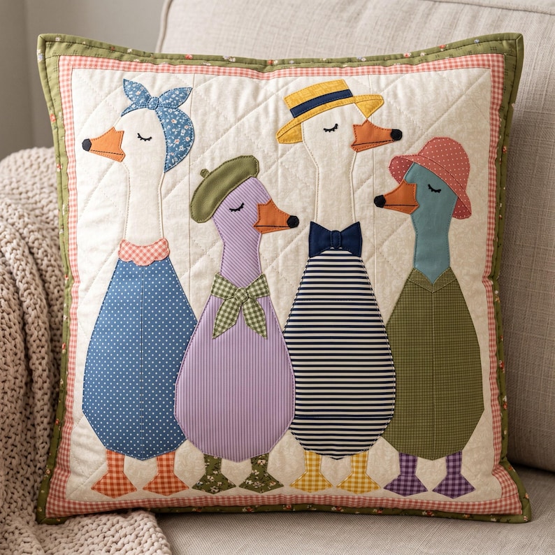 Dressed Geese Quilt Pattern, 2 Designs & 5 Sizes up to 60in, Raw Edge Fusible Applique, Animal Quilt Pattern PDF, Folk Art Geese Bed Quilt image 6