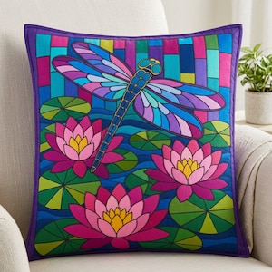 Dragonfly Waterlily Quilt Pattern, Raw Edge Fusible Applique PDF, Pond Folk Art Quilt Template, Patchwork Wall Hanging, Animal Quilt Pattern image 8