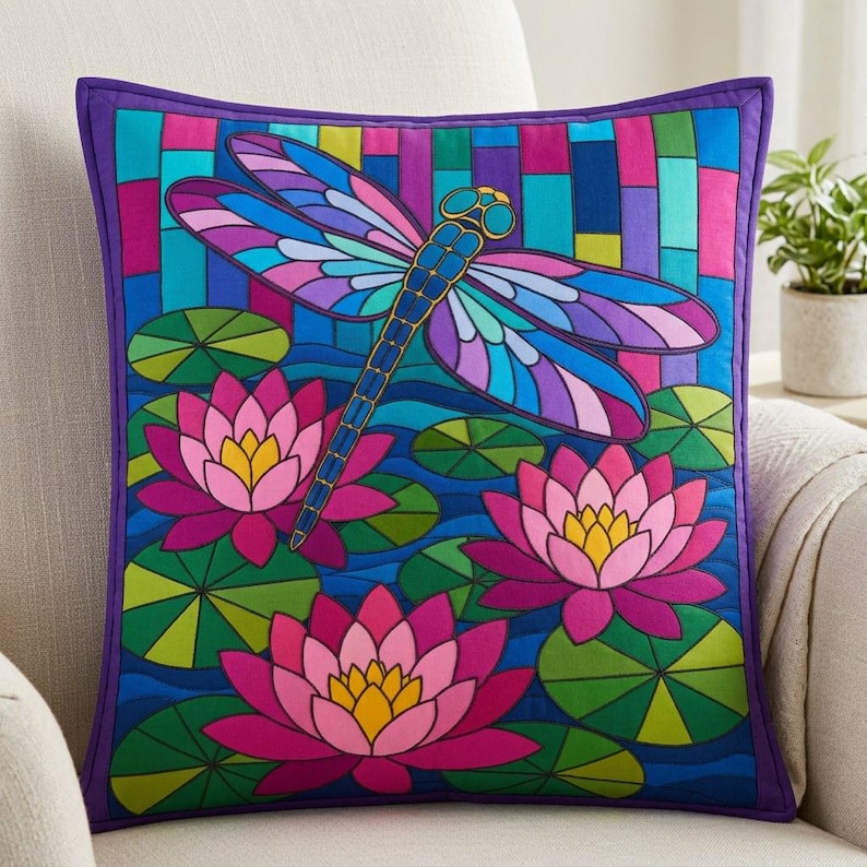 Dragonfly Waterlily Quilt Pattern, Raw Edge Fusible Applique PDF, Pond Folk Art Quilt Template, Patchwork Wall Hanging, Animal Quilt Pattern image 8