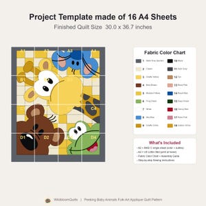 Mönster för quilt med kikande djurungar, applikations- och collagequilt i PDF-format, mönster för barnquilt med djurmotiv, väggbonad med lapptäcke för barnrum, quilt med folkkonst bild 16