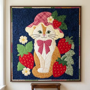 Può includere: Un arazzo da parete quadrato in tessuto raffigurante un gatto centrale bianco e oro con motivo paisley che indossa un cappello a quadri rosa con un dettaglio a forma di fragola. Il gatto ha un papillon rosa ed è circondato da fragole rosse, foglie verdi e fiori bianchi su uno sfondo blu scuro con motivi trapuntati a vortice.