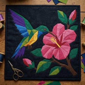 Hummingbird Quilt Pattern, Raw Edge Fusible Applique PDF, Tropical Bird Quilt Pattern, Hibiscus Patchwork Wall Hanging image 8