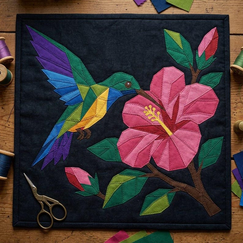 Hummingbird Quilt Pattern, Raw Edge Fusible Applique PDF, Tropical Bird Quilt Pattern, Hibiscus Patchwork Wall Hanging image 8