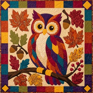 May include: A square fabric quilt featuring a central owl perched on a brown branch. The owl is multicolored with purple, orange, and blue patches. The background includes appliqued autumn leaves, acorns, and berries. A border of colorful squares frames the quilt.