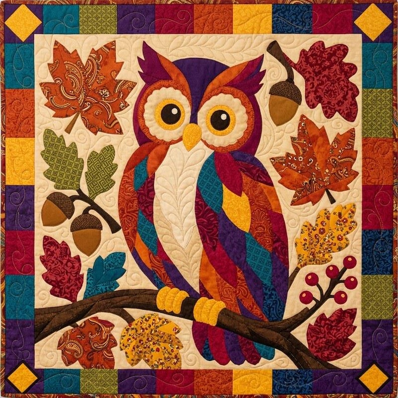 Herfstuil quiltpatroon, rafelige rand applicatie met strijkapplicatie, dieren quiltpatroon PDF, patchwork wandkleed, volkskunst herfst quilt sjabloon afbeelding 1