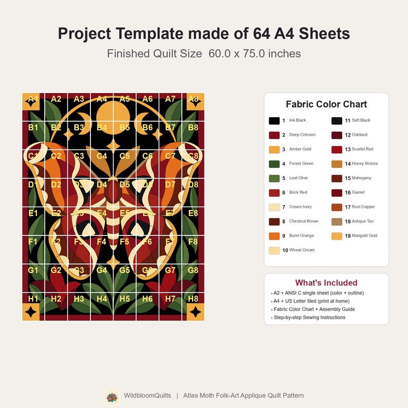 Atlas Moth Quilt Pattern, Applique & Collage Quilt PDF, Moon Phase Quilt Pattern, Folk Art Wall Hanging, Botanical Patchwork Template image 17