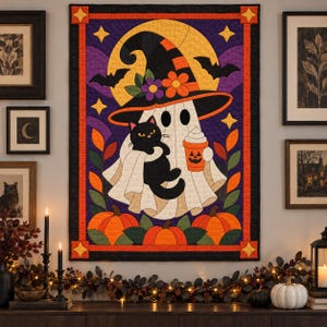 Halloween Ghost Quilt Pattern, Applique & Collage Quilt, Black Cat Quilt Pattern PDF, Patchwork Wall Hanging, Witch Hat Pumpkin Template image 15