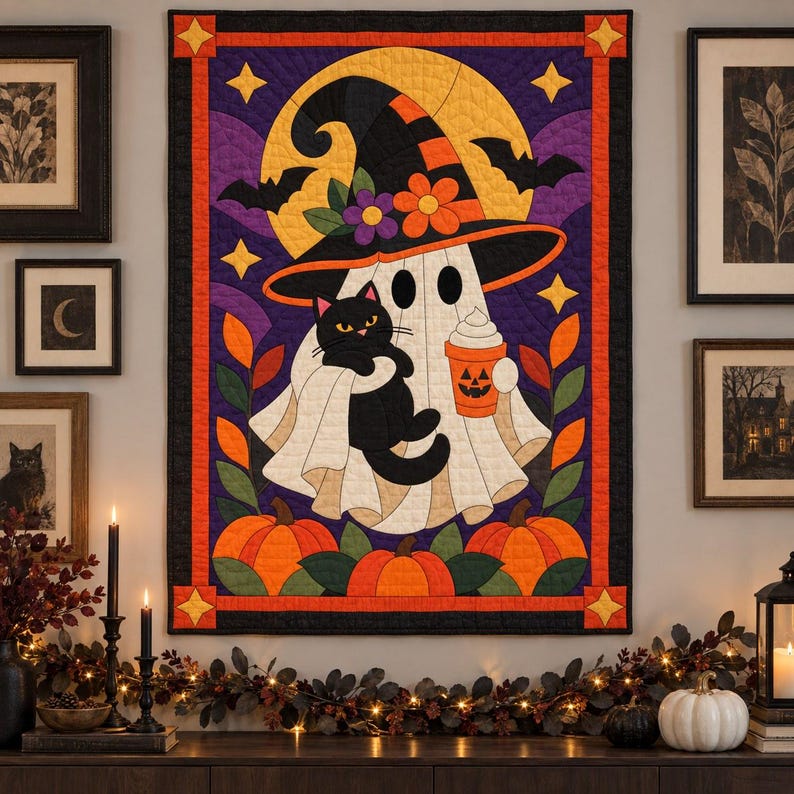 Halloween Ghost Quilt Pattern, Applique & Collage Quilt, Black Cat Quilt Pattern PDF, Patchwork Wall Hanging, Witch Hat Pumpkin Template image 15