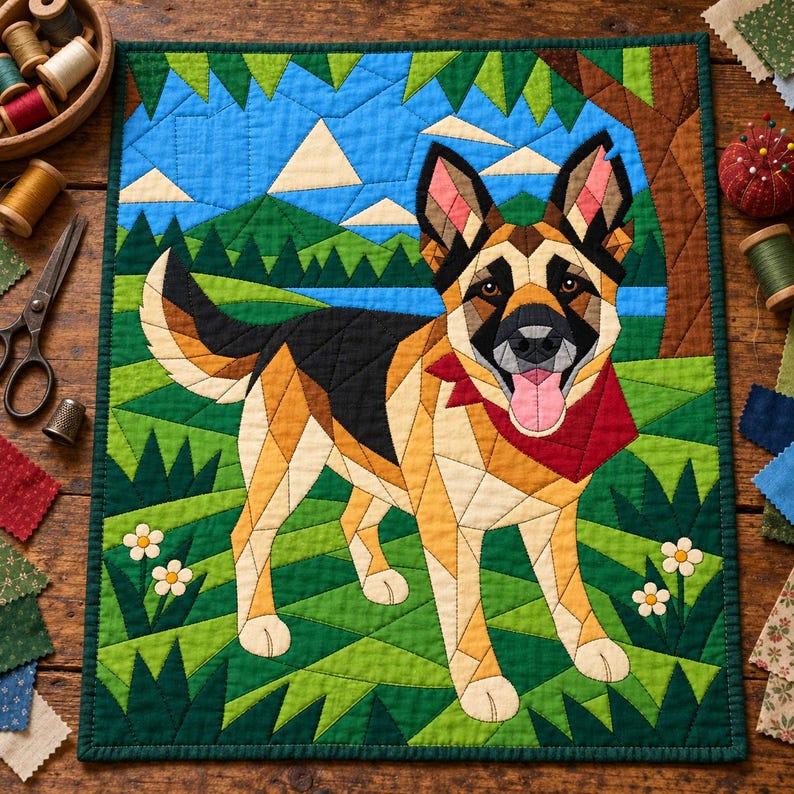 Quiltmuster für einen Deutschen Schäferhund, Applikations- und Collage-Hundequilt, Tierquiltmuster (PDF), Patchwork-Wandbehang, Quiltvorlage im Volkskunststil Bild 2