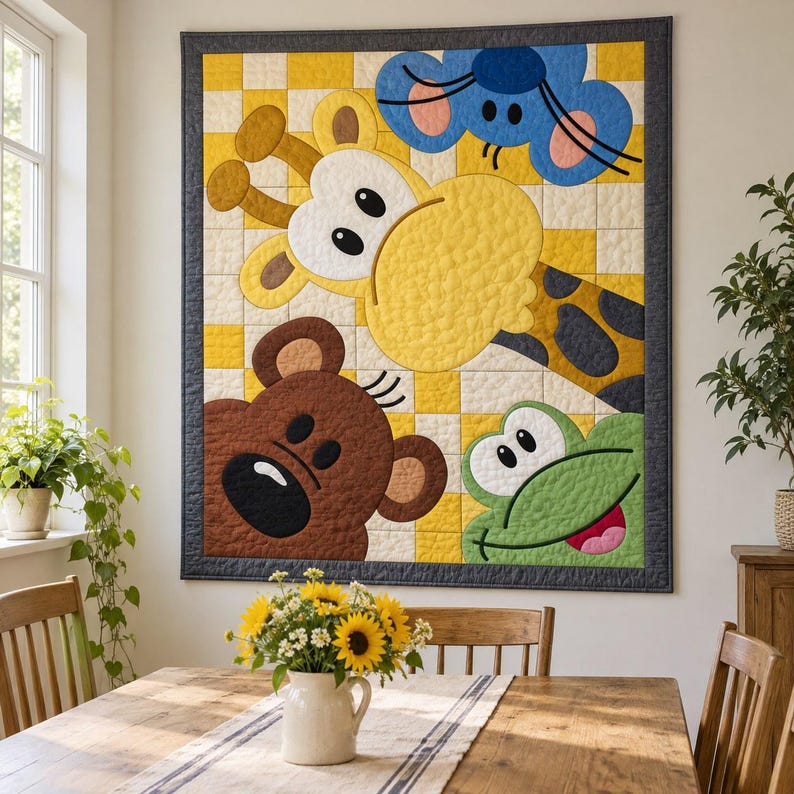 Mönster för quilt med kikande djurungar, applikations- och collagequilt i PDF-format, mönster för barnquilt med djurmotiv, väggbonad med lapptäcke för barnrum, quilt med folkkonst bild 6