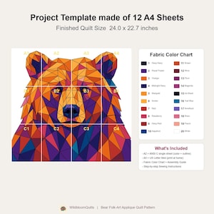 Patrón de edredón de oso, aplique termoadhesivo geométrico con borde sin rematar, patrón de edredón de animales en PDF, tapiz de pared de patchwork, plantilla de edredón de arte popular imagen 4
