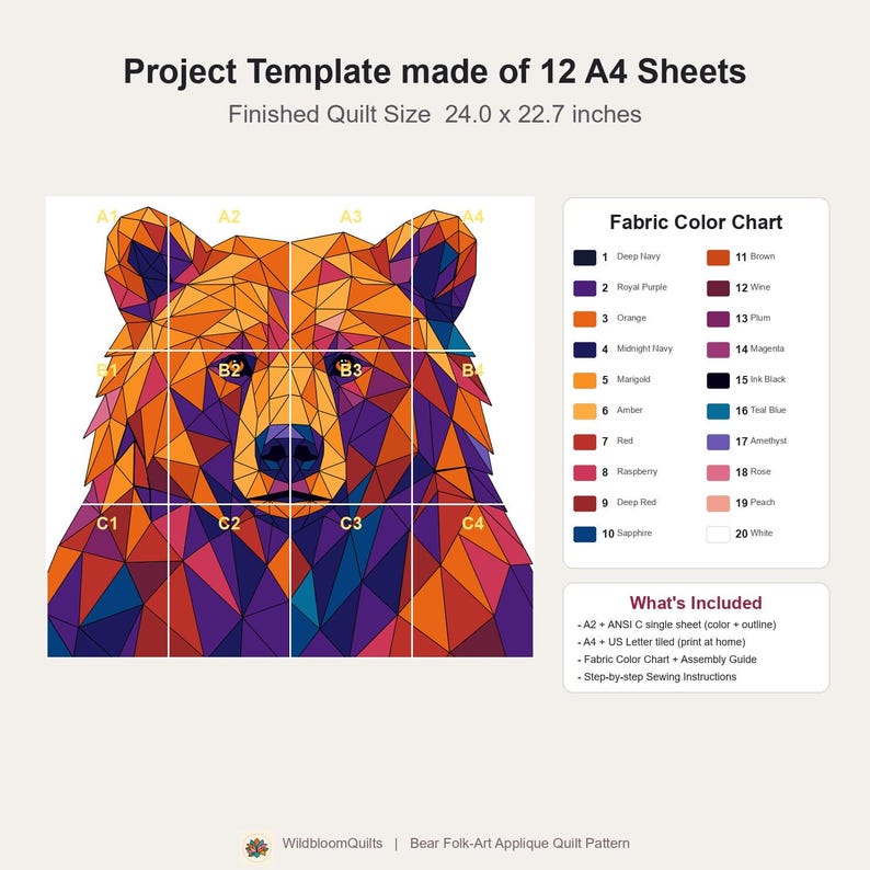 Patrón de edredón de oso, aplique termoadhesivo geométrico con borde sin rematar, patrón de edredón de animales en PDF, tapiz de pared de patchwork, plantilla de edredón de arte popular imagen 4