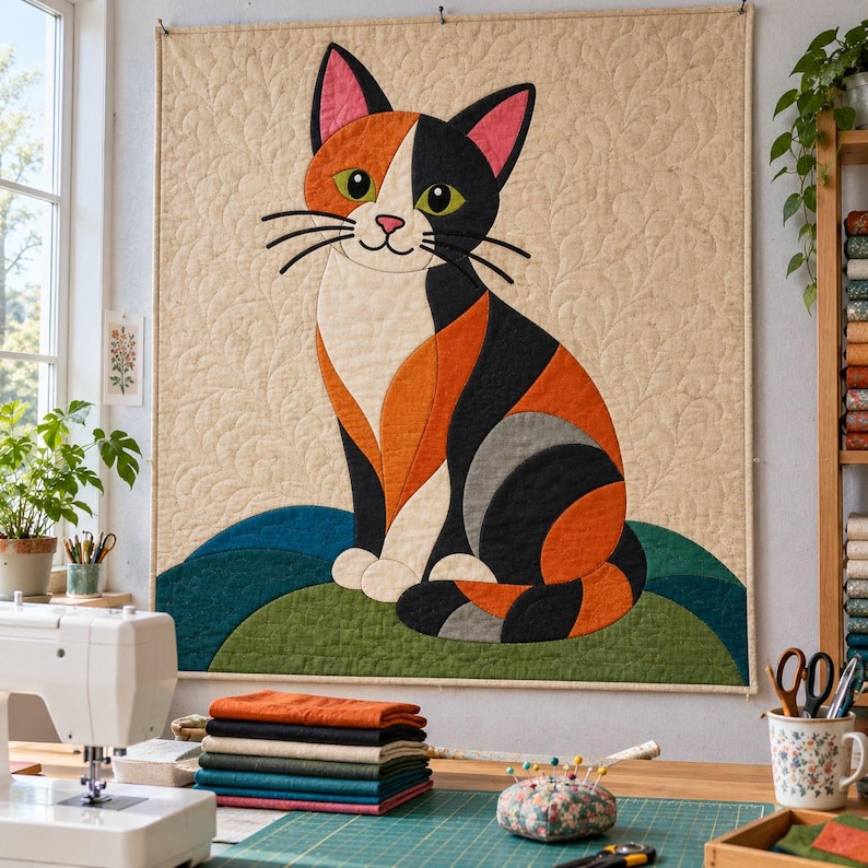 Calico Cat Quilt Pattern, Applique & Collage Quilt, Cat Quilt Pattern PDF, Patchwork Wall Hanging, Folk Art Quilt Template image 8