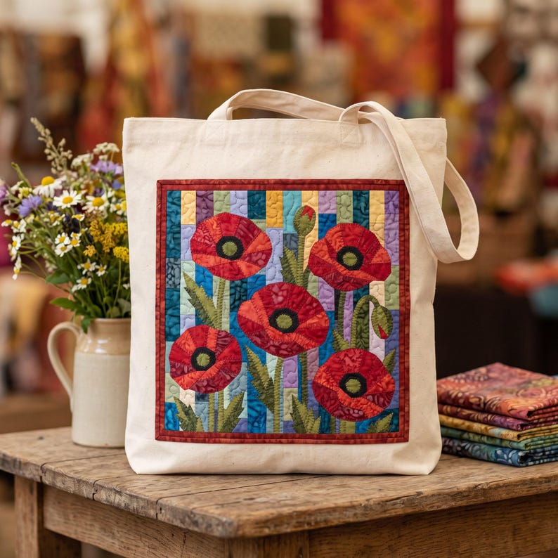 Klaprozenquiltpatroon, applicatie met rafelige rand en strijkapplicatie, bloemenquiltpatroon (PDF), patchwork wandkleed, sjabloon voor een quilt in volkskunststijl afbeelding 7