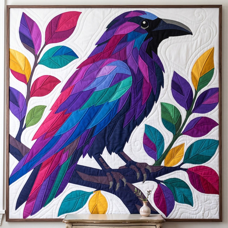 Modèle de courtepointe Corbeau, Appliqué thermocollant à bords francs (PDF), Modèle de courtepointe Oiseau, Décoration murale patchwork, Gabarit de courtepointe animal d'art populaire image 7