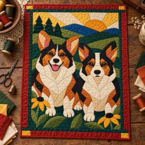 Corgi Pair Quilt Pattern, Applique & Collage Dog Quilt, Animal Quilt Pattern PDF, Patchwork Wall Hanging, Folk Art Quilt Template image 2